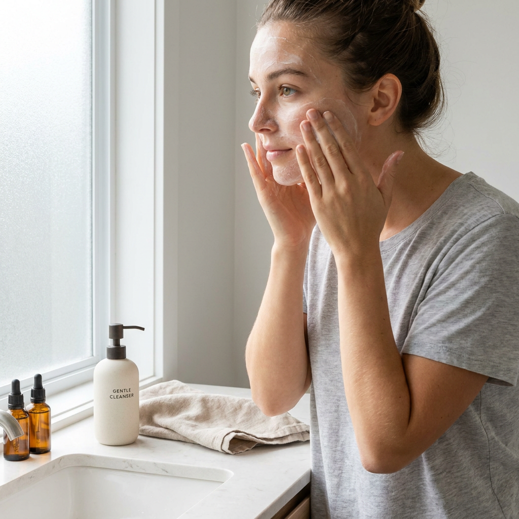 Junge Frau massiert morgens sanft Cleanser in ihr Gesicht vor dem Badezimmerspiegel, mit weichem Tageslicht und sauberer, ruhiger Spa-Atmosphäre.